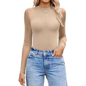 Women's Long Sleeve Bodysuit Dark Nude Crew Neck One Piece Shirt Leotards Tops
